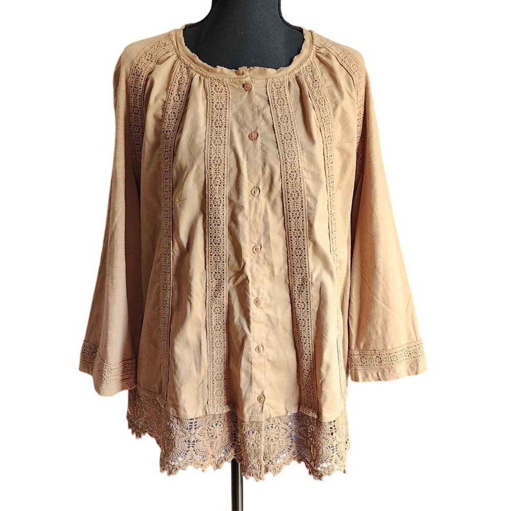 LOGO Lavish Button Front Blouse Women S Tan Crochet Lace Cotton Top